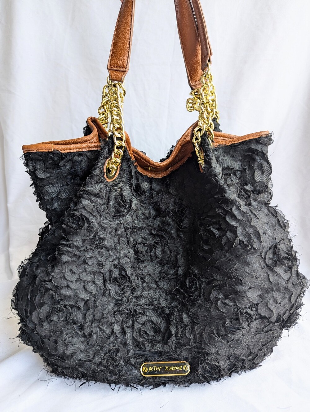 Betsey Johnson Black Rosette Hobo Bag Floral Textured Shoulder Purse